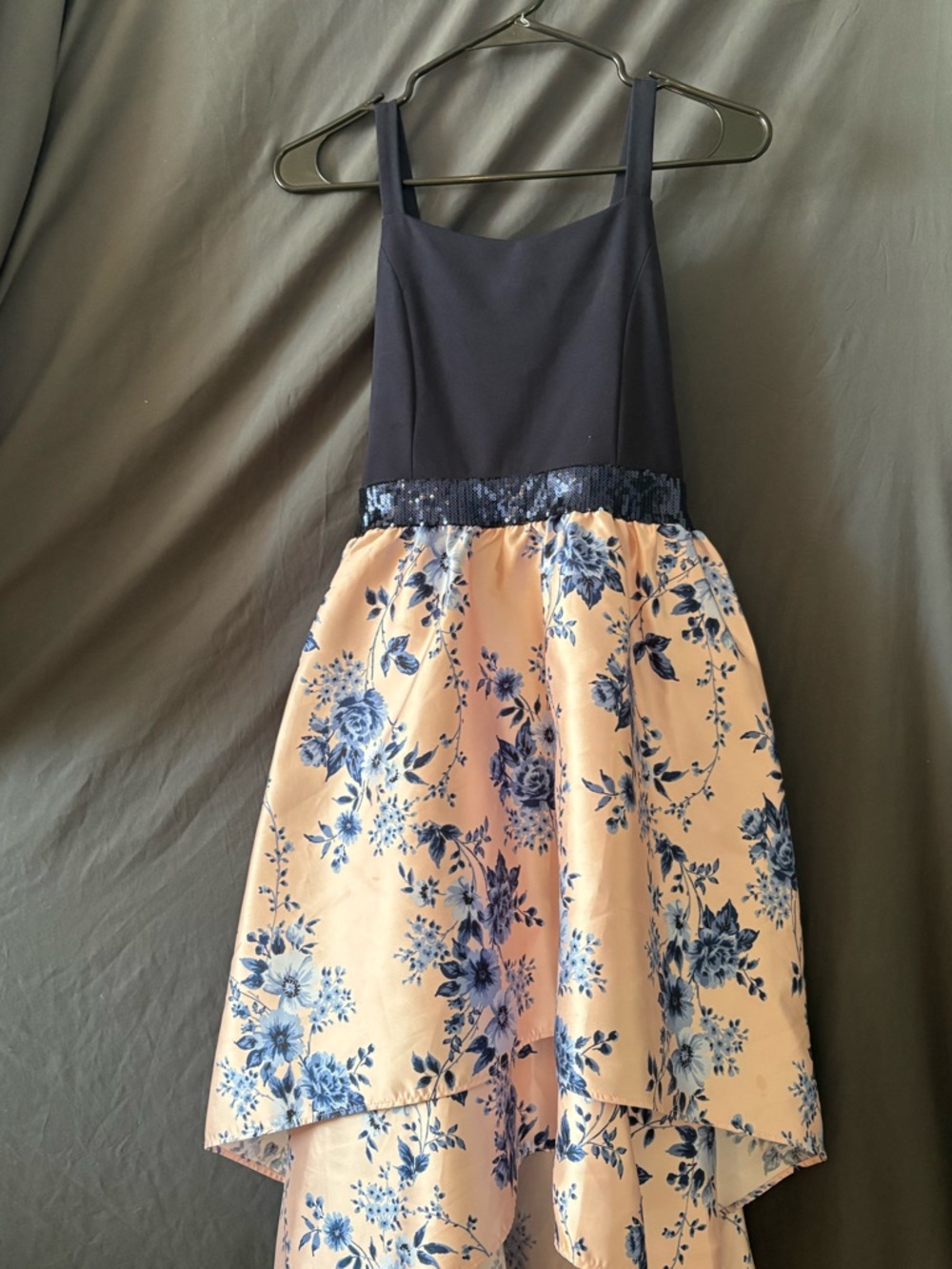 Bonnie Jean Navy Bodice with Peach and Blue Floral High-Low Dress